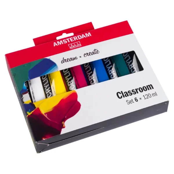 A single Classroom Amsterdam Acrylic Paint Set is shown in the center of the frame at a slight diagonal angle. The set is contained in a cardboard box that is printed with a red tab at the top and the Amsterdam logo is printed on the red tab. There is a window cut out of the center of the box so you can see part of the tubes inside. The image is center of the frame and on a white background.