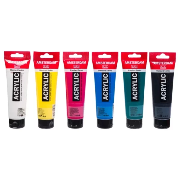 The loose tubes from the Classroom Amsterdam Acrylic Paint Set are shown standing next to each other, horizontally, across the center of the frame. The tubes are clear plastic, so you can see the colour of the paint inside. The Amsterdam logo is printed at the top of each tube. Each tube has a red tab at the top of the tube that has a hole so you can hang them. The tubes stand on their black plastic lids. The image is center of the frame and on a white background.