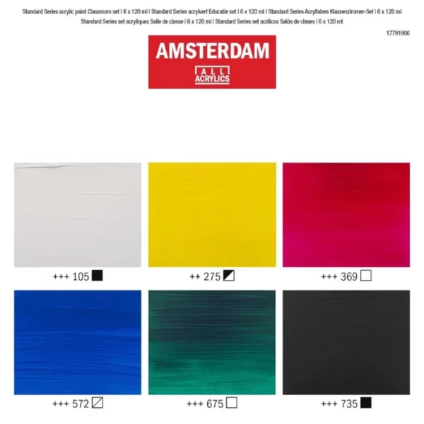 A colour swatch for the Classroom Amsterdam Acrylic Paint Set. There are 6 rectangular blocks of colour, denoting the colour of each tube in the set, The colour name and code is shown below each block. The Amsterdam logo is shown at the top, center of the frame.