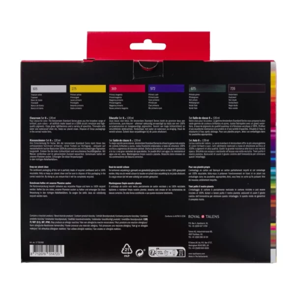 The back of a Classroom Amsterdam Acrylic Paint Set is shown in the center of the frame. The box is black with white text and it shows 6 colour blocks which indicates the different colour tubes in the set. On a white background.