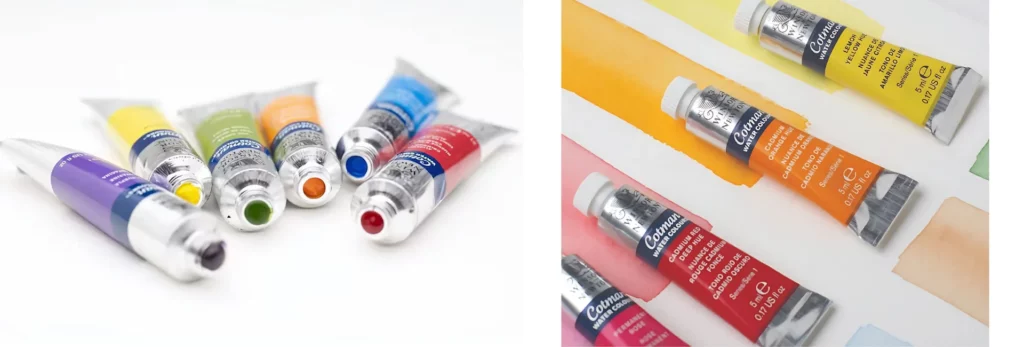 the left hand image is ove a variety of tubes all in a messy row with their caps off. the right hand image is of four tubes all closed with a line of the colour they are underneath of them