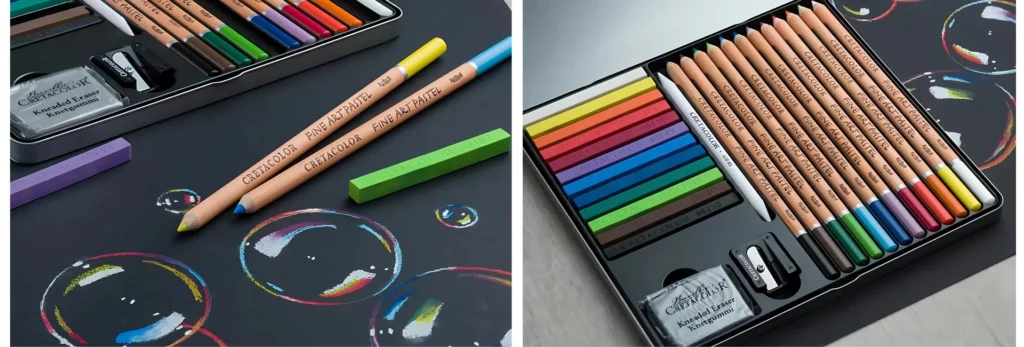 the left hand image is of the pencils resting on black paper and have drawn rainbow bordered bubbles on the black paper. showing that they come up bright on the black paper. there is a tin set behind with all the pastel pencils inside of it. the right hand image is a close up of the pencil set that has both the hard pastels and the pastel pencils inside of it, next to the black paper that has rainbow bordered bubbles drawn on it. 