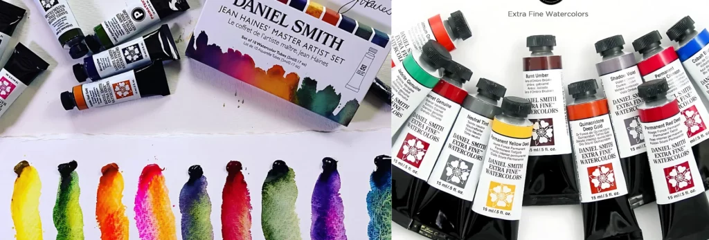 the left hand image is a birds eye view of a slection of daniel smith warercolour paints placed randomly on a table with the box set leaning on the side on the right. in the front is a colour swatch made on watercolour paper of a few of the different colours. showing of pigmented and vibrant they are.the right hand image is a close up of various tubes of daniel smith all bundled up togehter. on a white background