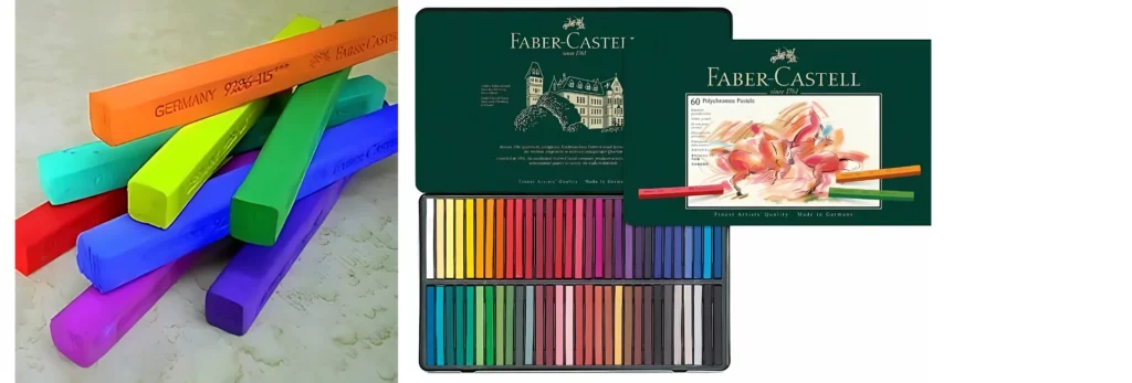 the left hand image is of a stack of the polychromos sticks in bright colours on a work surface. the right hand image is of a tin of the sticks with the faber castell colours and logo on the tins. 