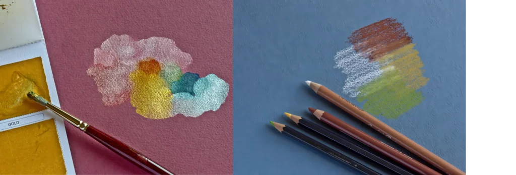 the left hand image shows someone painting on it with a watercolour paint on a pink paper and the right hand image is on blue paper and pastel pencils are lying on top of it