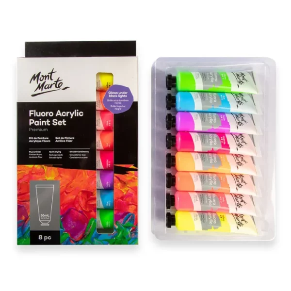 A Fluoro Mont Marte Premium Acrylic Paint Set is shown in the frame. To the left is the box that the paints come in and to the right hand side of the frame, is the tray of paints that comes in the box. There are 8 tubes of paint in clear plastic tubes with black plastic screw on lids. Each paint is a different fluorescent colour. On a white background.