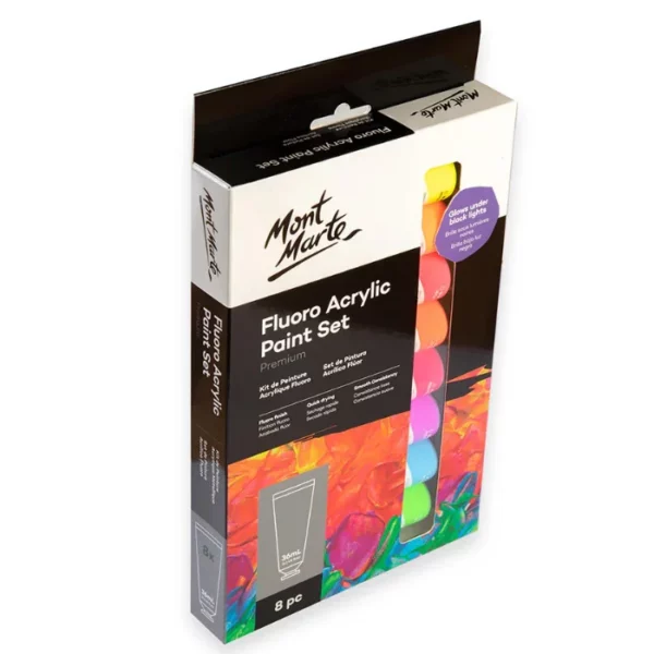 A single Fluoro Mont Marte Premium Acrylic Paint Set is shown, vertically in the center of the frame. the set is in it's box. the box is printed with a black top and some colour at the base of the box. There is a window in the box, so you can see part of the tubes, so as to show you the different colours available in the set. there are 8 different coloured tubes of fluorescent paint. The Mont Marte logo is printed at the top left hand corner of the box. On a white background.