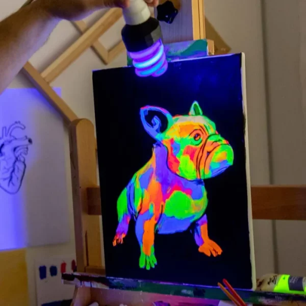 A picture of a dog was painted using the Fluoro Mont Marte Premium Acrylic Paint Set. The dog is multicoloured and fluorescent. There is a black light shining on the painting so you can see that it glows. The dog was painted on a black background.