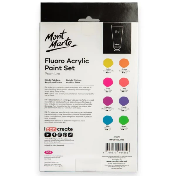 The back of a Fluoro Mont Marte Premium Acrylic Paint Set can be seen in the center of the frame. The box is rectangular and white and has a black printed top that is hangable. There are 8 colour circles with the colours written below each circle, indicating the colours in the pack. The Mont Marte logo is printed at the top left hand corner of the box. On a white background.