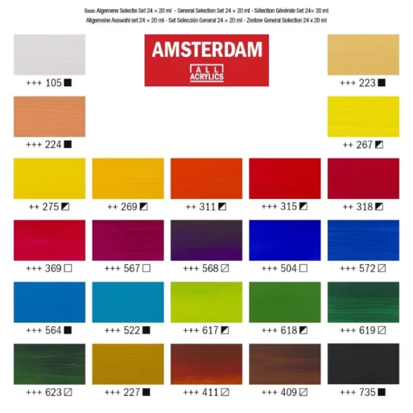 A colour swatch for the General Selection Amsterdam Acrylic Paint Set of 24. There are 24 rectangular blocks of colour, denoting the colour of each tube in the set, The colour name and code is shown below each block. The Amsterdam logo is shown at the top, center of the frame.