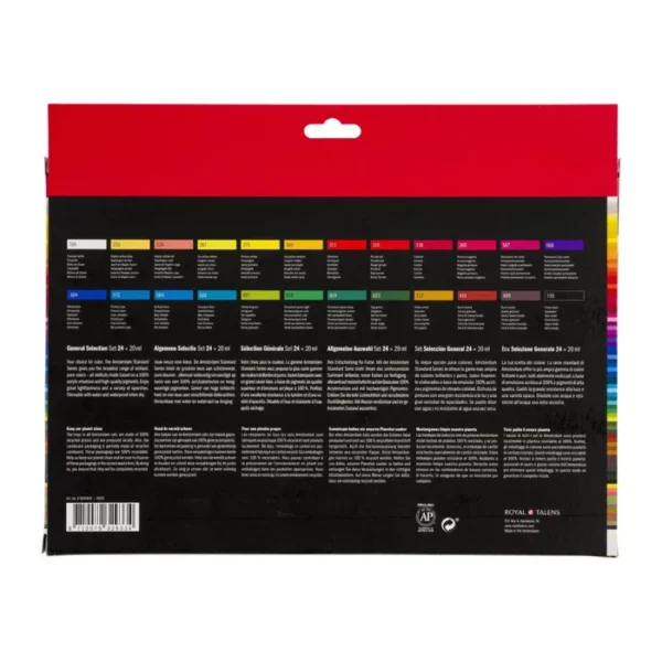 The back of a General Selection Amsterdam Acrylic Paint Set of 24 is shown in the center of the frame. The box is black with white text and it shows 24 colour blocks which indicates the different colour tubes in the set. On a white background.