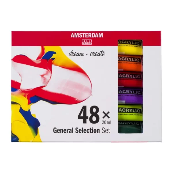 A single General Selection Amsterdam Acrylic Paint Set of 48 is shown in the center of the frame. The set is contained in a cardboard box that is printed with a red tab at the top and the Amsterdam logo is printed on the red tab. There is a window cut out of the center of the box so you can see part of the tubes inside. The image is center of the frame and on a white background.