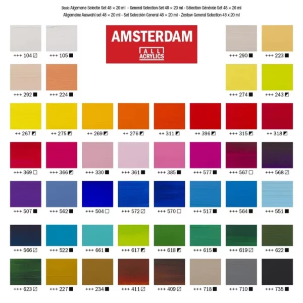 A colour swatch for the General Selection Amsterdam Acrylic Paint Set of 48. There are 48 rectangular blocks of colour, denoting the colour of each tube in the set, The colour name and code is shown below each block. The Amsterdam logo is shown at the top, center of the frame.