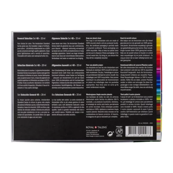 The back of a General Selection Amsterdam Acrylic Paint Set of 48 is shown in the center of the frame. The box is black with white text and it shows 48 colour blocks which indicates the different colour tubes in the set. On a white background.