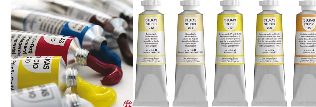 the left hand image is a close up of four tubes of paint that are open and the paint is being squeezed out of them onto a surface that is white. theya re in yellow, red, blue and brown. the right hand image is a row of yellow shades of lukas oil paint all lined up on a hwite background