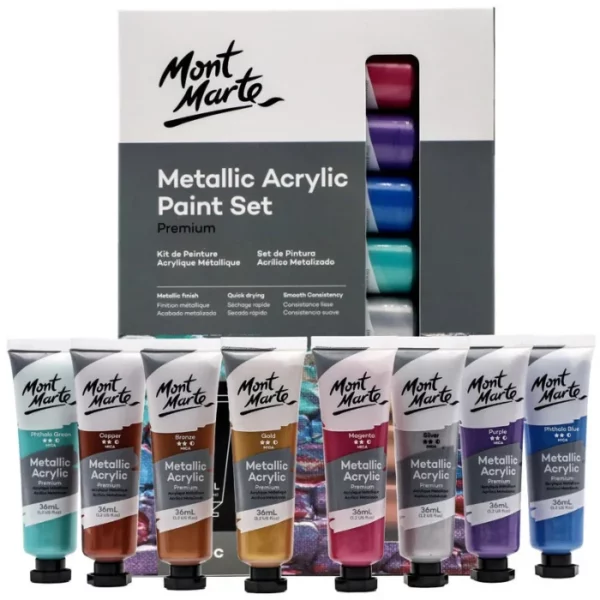 A Metallic Mont Marte Premium Acrylic Paint Set is shown in the frame. The box is shown at the back of the frame and there are 8 tubes from the set, shown in front of the box. Each tube is a clear plastic, so you can see the colour of the paint in each tube. The Mont Marte logo is printed at the top of each tube and they have black screw on caps. On a white background.