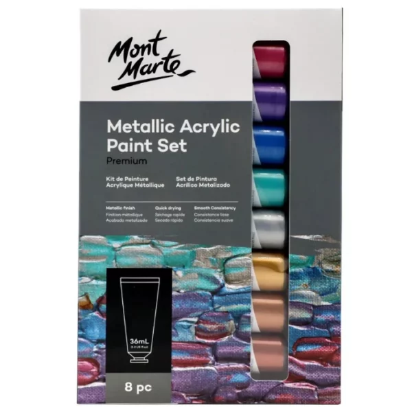 A single Metallic Mont Marte Premium Acrylic Paint Set is shown, vertically in the center of the frame. the set is in it's box. the box is printed with a black top and some colour at the base of the box. There is a window in the box, so you can see part of the tubes, so as to show you the different colours available in the set. there are 8 different coloured tubes of metallic paint. The Mont Marte logo is printed at the top left hand corner of the box. On a white background.