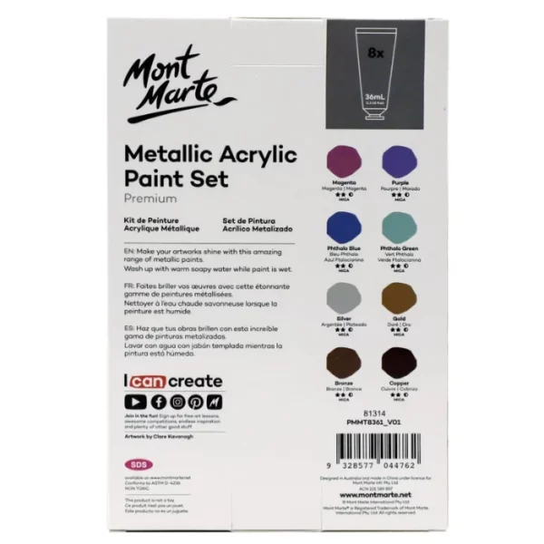 The back of a Metallic Mont Marte Premium Acrylic Paint Set can be seen in the center of the frame. The box is rectangular and white and has a black printed top that is hangable. There are 8 colour circles with the colours written below each circle, indicating the colours in the pack. The Mont Marte logo is printed at the top left hand corner of the box. On a white background.