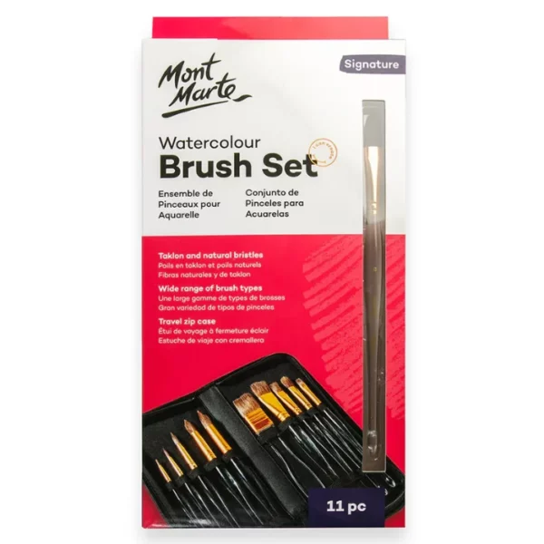 A single Mont Marte Acrylic Handle Watercolour Brush Set is shown vertically in the center of the frame. The box is white and red and has black text and a picture of the brushes on the cover. The Mont Marte logo is printed in the top left hand corner of the set. On a white background.