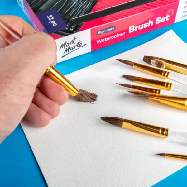 A persons hand is seen holding a brush from the Mont Marte Acrylic Handle Watercolour Brush Set to a piece of watercolour paper. The other brushes are laying on the white paper.