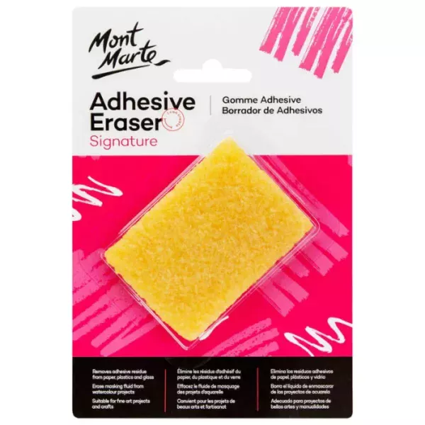 A Mont Marte Signature Adhesive Eraser pack is shown vertically in the center of the frame. The pack has a printed cardboard backing board in white, pink and black. There is text printed on the carboard backing board and the Mont Marte logo is printed in the top left hand corner. There is a molded clear cover that holds the eraser inside. The eraser is yellow in colour and slightly textured. It is rectangular. The image is center of the frame and on a white background.