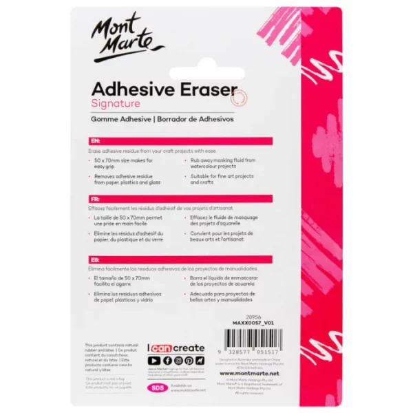 The back of a pack of Mont Marte Signature Adhesive Eraser is shown vertically in the frame. The packaging is white with pink. There is black text describing the product and a hole at the top of the cardboard so it can hang. The Mont Marte logo is printed in the top left hand corner. On a white background.