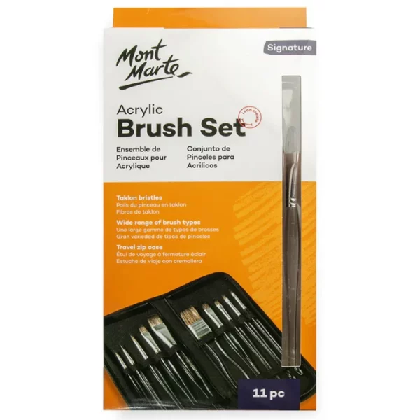 A single Mont Marte Signature Clear Handle Acrylic Brush Set is shown vertically in the center of the frame. The box is white and red and has black text and a picture of the brushes on the cover. The Mont Marte logo is printed in the top left hand corner of the set. On a white background.