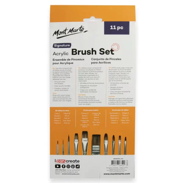 The back of a Mont Marte Signature Clear Handle Acrylic Brush Set is seen standing vertically in the center of the frame. The box is white and orange cardboard with printed black text. The Mont Marte logo is printed in the top left hand corner of the box set. there is a picture of the brush tips that are in the set at the base of the box. On a white background.