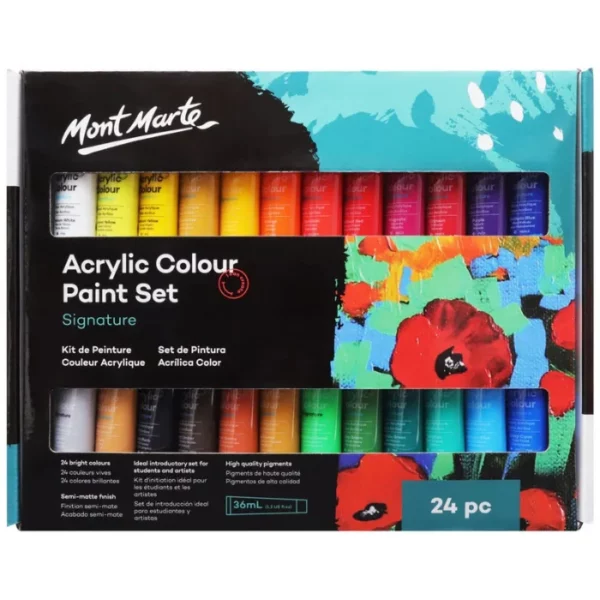 A Mont Marte Signature Acrylic Paint Set 24 Piece is shown in the center of the frame in it's box. The box is printed with black and blues. There is a window across the center of the box that allows you to see part of the tubes of paint inside the set. The tubes are clear, so you can see the colour of the paint inside each tube. The Mont Marte logo is printed in the top left hand corner of the set. On a white background.