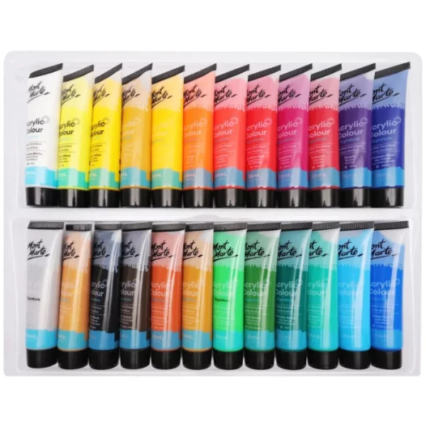 The loose paints from the Mont Marte Signature Acrylic Paint Set 24 Piece are shown in two rows, across the center of teh frame. The tubes are clear and have the Mont Marte logo printed at the top of each tube. You can see the colour of the paint through each tube. The tubes have black, plastic screw on caps. On a white background.