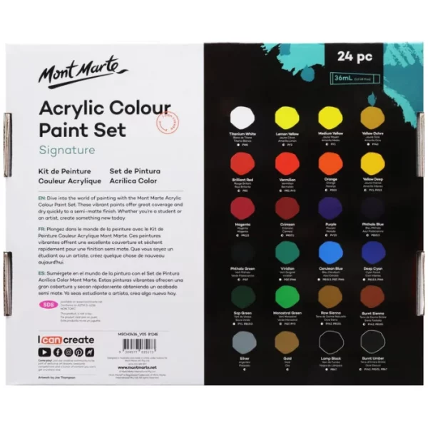 The back of the box from a Mont Marte Signature Acrylic Paint Set 24 Piece is shown in the center of the frame. The box is rectangular and is printed half in white and half in black. There is black text on the white side of the box that describes the contents of the box and the paints. And there are colour circles on the black side of the box to show the different colours available in the set. The Mont Marte logo is printed in the top left hand corner of the box. On a white background.