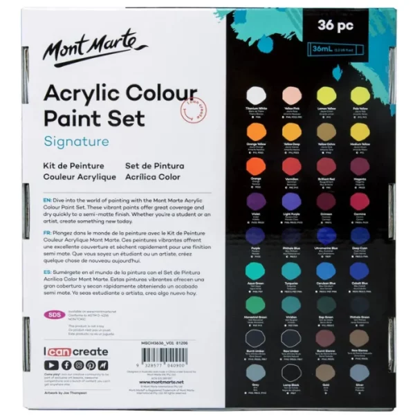 The back of the box from a Mont Marte Signature Acrylic Paint Set 36 Piece is shown in the center of the frame. The box is rectangular and is printed half in white and half in black. There is black text on the white side of the box that describes the contents of the box and the paints. And there are colour circles on the black side of the box to show the different colours available in the set. The Mont Marte logo is printed in the top left hand corner of the box. On a white background.