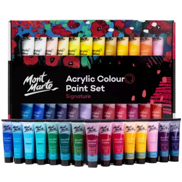 A Mont Marte Signature Acrylic Paint Set 48 Piece is shown in the frame. The box is shown at the back of the frame and there are 8 tubes from the set, shown in front of the box. Each tube is a clear plastic, so you can see the colour of the paint in each tube. The Mont Marte logo is printed at the top of each tube and they have black screw on caps. On a white background.