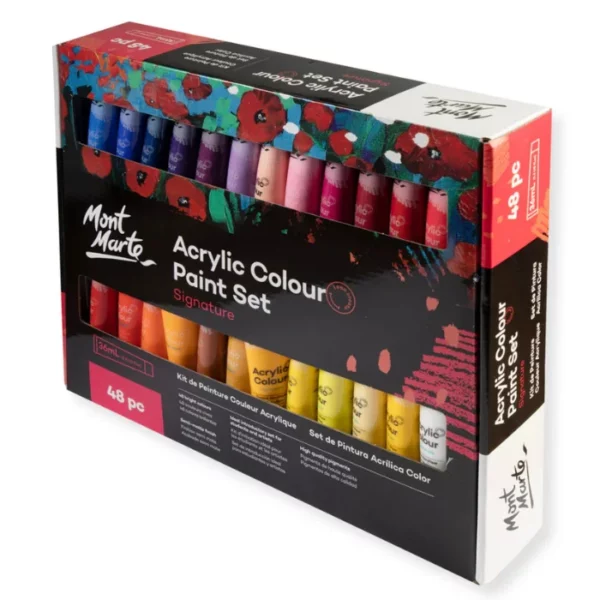 A Mont Marte Signature Acrylic Paint Set 48 Piece is shown in the frame. The box is shown at the back of the frame and there are 8 tubes from the set, shown in front of the box. Each tube is a clear plastic, so you can see the colour of the paint in each tube. The Mont Marte logo is printed at the top of each tube and they have black screw on caps. On a white background.