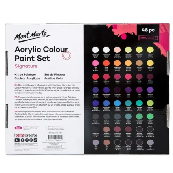 The back of the box from a Mont Marte Signature Acrylic Paint Set 48 Piece is shown in the center of the frame. The box is rectangular and is printed half in white and half in black. There is black text on the white side of the box that describes the contents of the box and the paints. And there are colour circles on the black side of the box to show the different colours available in the set. The Mont Marte logo is printed in the top left hand corner of the box. On a white background.