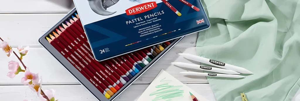 the image show a set od derwent pastel pencils opened but with the lid still on and the pencils visable. there are blending stumps next to the open tin and a paper with pastel pencils on it that have drawn colour swatched. sitting on a light green cloth on a table top with a plant to the left of it