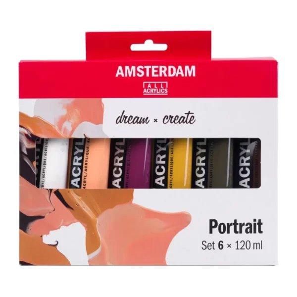 A single Portrait Amsterdam Acrylic Paint Set is shown in the center of the frame. The set is contained in a cardboard box that is printed with a red tab at the top and the Amsterdam logo is printed on the red tab. There is a window cut out of the center of the box so you can see part of the tubes inside. The image is center of the frame and on a white background.