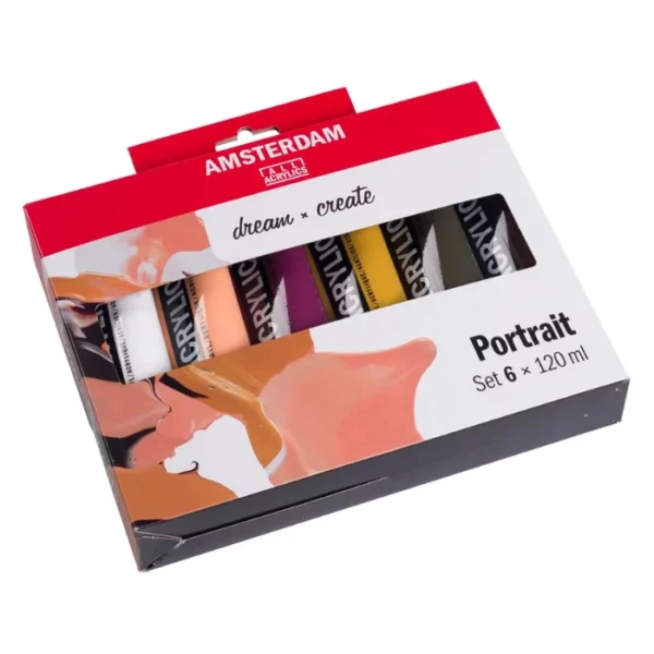 A single Portrait Amsterdam Acrylic Paint Set is shown in the center of the frame at a slight diagonal angle. The set is contained in a cardboard box that is printed with a red tab at the top and the Amsterdam logo is printed on the red tab. There is a window cut out of the center of the box so you can see part of the tubes inside. The image is center of the frame and on a white background.