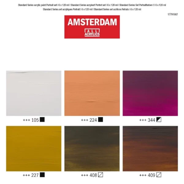 A colour swatch for the Portrait Amsterdam Acrylic Paint Set. There are 6 rectangular blocks of colour, denoting the colour of each tube in the set, The colour name and code is shown below each block. The Amsterdam logo is shown at the top, center of the frame.