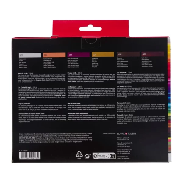 The back of a Portrait Amsterdam Acrylic Paint Set is shown in the center of the frame. The box is black with white text and it shows 6 colour blocks which indicates the different colour tubes in the set. On a white background.