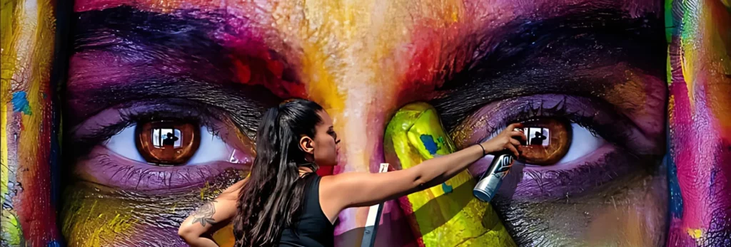 the image is a close up of a woman on a lader spray painting a picture of a face onto a wall. the colours are vibrant pinks, yellows, oranges, blues and purples. the image is a close up of the painted pictures eyes which look almost real. the woman doing the art is on a ladder and holding a can and spraying the images. she created using spray apint