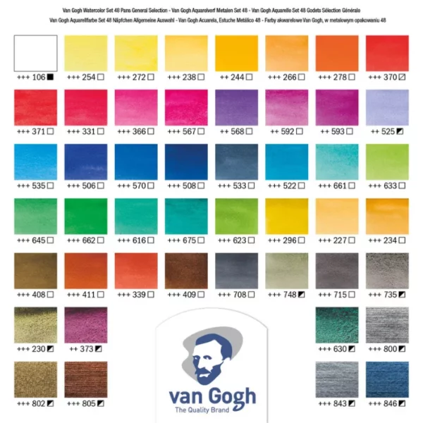 A colour swatch for the Van Gogh Metal Box Half Pan Watercolour Set of 48. There are 48 rectangular blocks of colour, denoting the colour of each tube in the set, The colour name and code is shown below each block. The Van Gogh logo is shown at the bottom, center of the frame. On a white background.