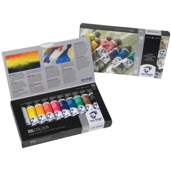 A single Van Gogh Oil Colour Box Set Basics is shown in the center of the frame. The set is open and the box cover is shown to the right, behind the open set. There are 10 tubes of different coloured paint in the set. On a white background.