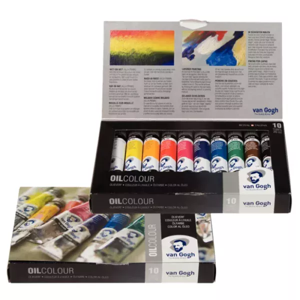 A single Van Gogh Oil Colour Box Set Basics is shown in the center of the frame. The set is open and the box cover is shown to the right, behind the open set. There are 10 tubes of different coloured paint in the set. On a white background.