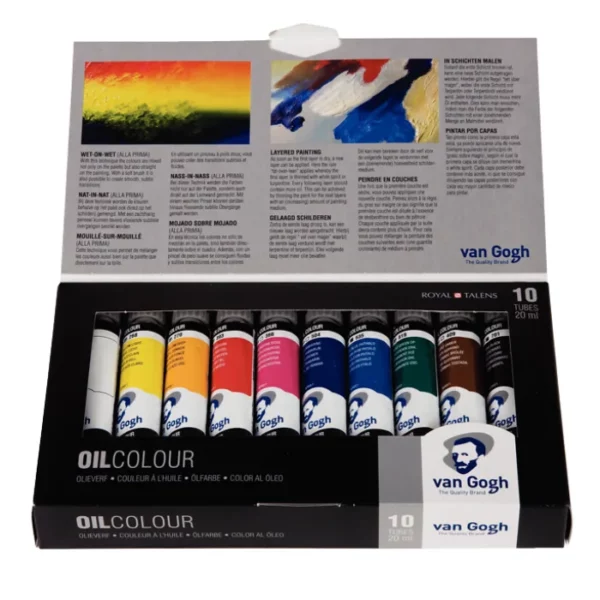 A single Van Gogh Oil Colour Box Set Basics is shown in the center of the frame. The set is open and the box cover is shown to the right, behind the open set. There are 10 tubes of different coloured paint in the set. On a white background.