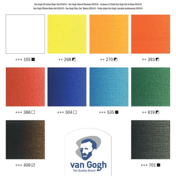 A colour swatch for the Van Gogh Oil Colour Box Set Basics. There are 10 rectangular blocks of colour, denoting the colour of each tube in the set, The colour name and code is shown below each block. The Van Gogh logo is shown at the bottom, center of the frame. On a white background.