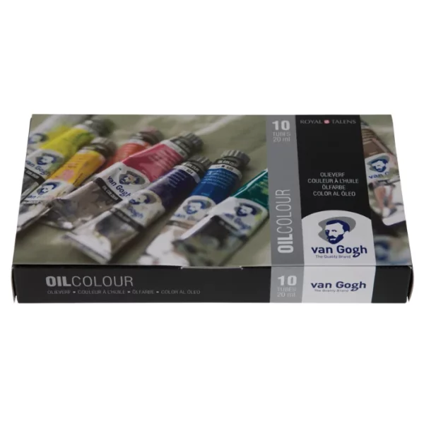 A single Van Gogh Oil Colour Box Set Basics is shown in it's box in the center of the frame. The box has an image of the paints on the cover with the Van Gogh logo printed in the bottom right hand side of the box. On a white background.