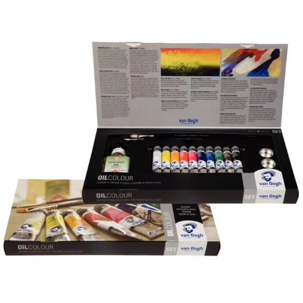 A single Van Gogh Oil Colour Box Set Combi is shown in the center of the frame at a slight angle. The set is open and the box cover is shown to the right, behind the open set. There are 10 tubes of different coloured paint in the set as well as a medium and some brushes. On a white background.