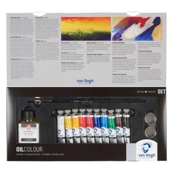 A single Van Gogh Oil Colour Box Set Combi is shown in the center of the frame at a slight angle. The set is open and the box cover is shown to the right, behind the open set. There are 10 tubes of different coloured paint in the set as well as a medium and some brushes. On a white background.