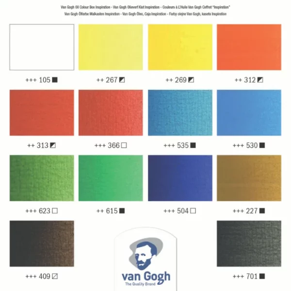 A colour swatch for the Van Gogh Oil Colour Box Set Inspiration. There are 14 rectangular blocks of colour, denoting the colour of each tube in the set, The colour name and code is shown below each block. The Van Gogh logo is shown at the bottom, center of the frame. On a white background.